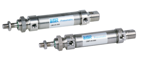 Two AIRTEC-branded, stainless steel, double-acting CM-series pneumatic cylinders with magnetic piston laid out for display.